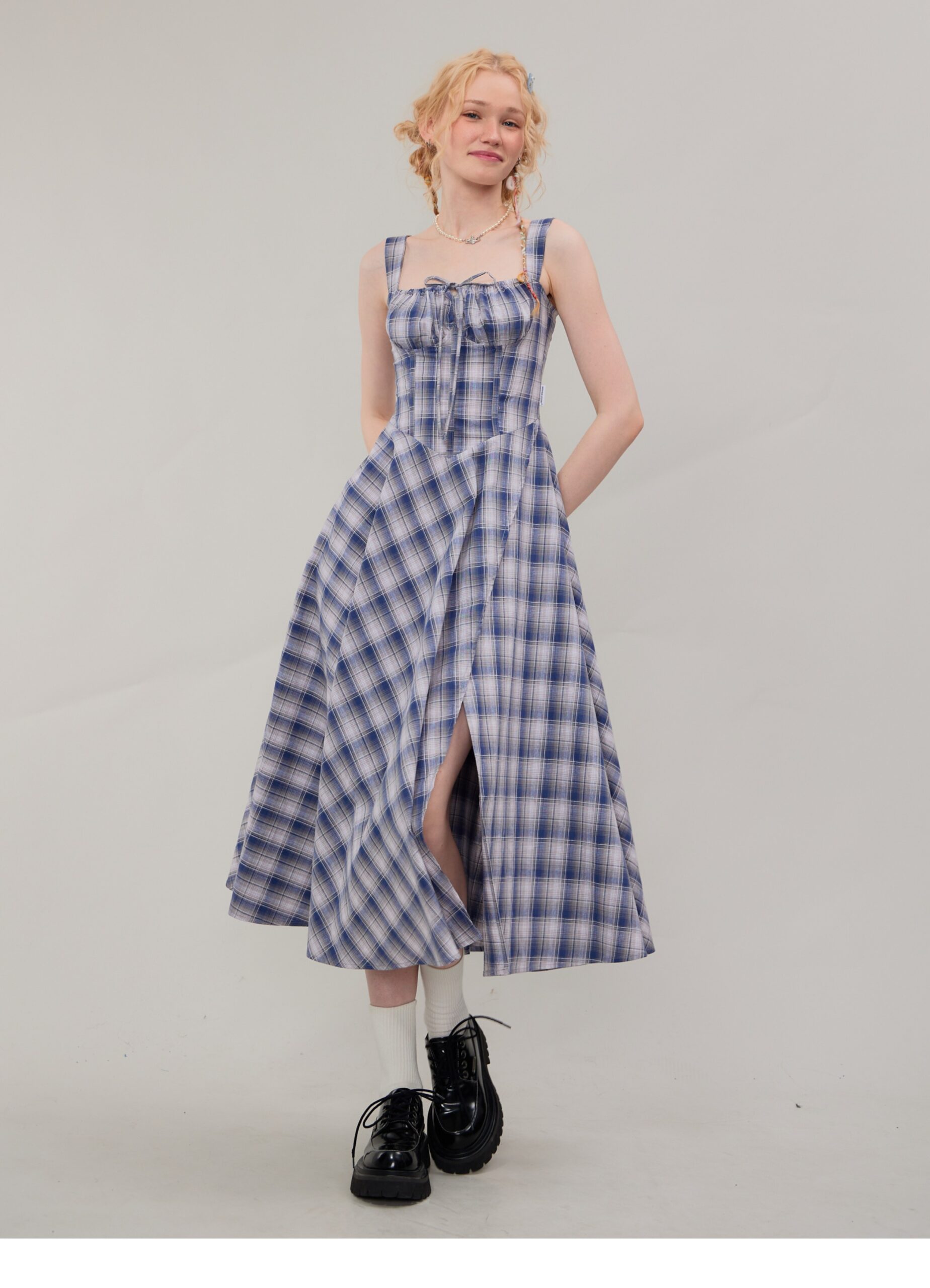 American Vintage Square Neck Dress - Blue Grid Print Bodycon Slit Maxi Dress with Tailored Waist - Image 10