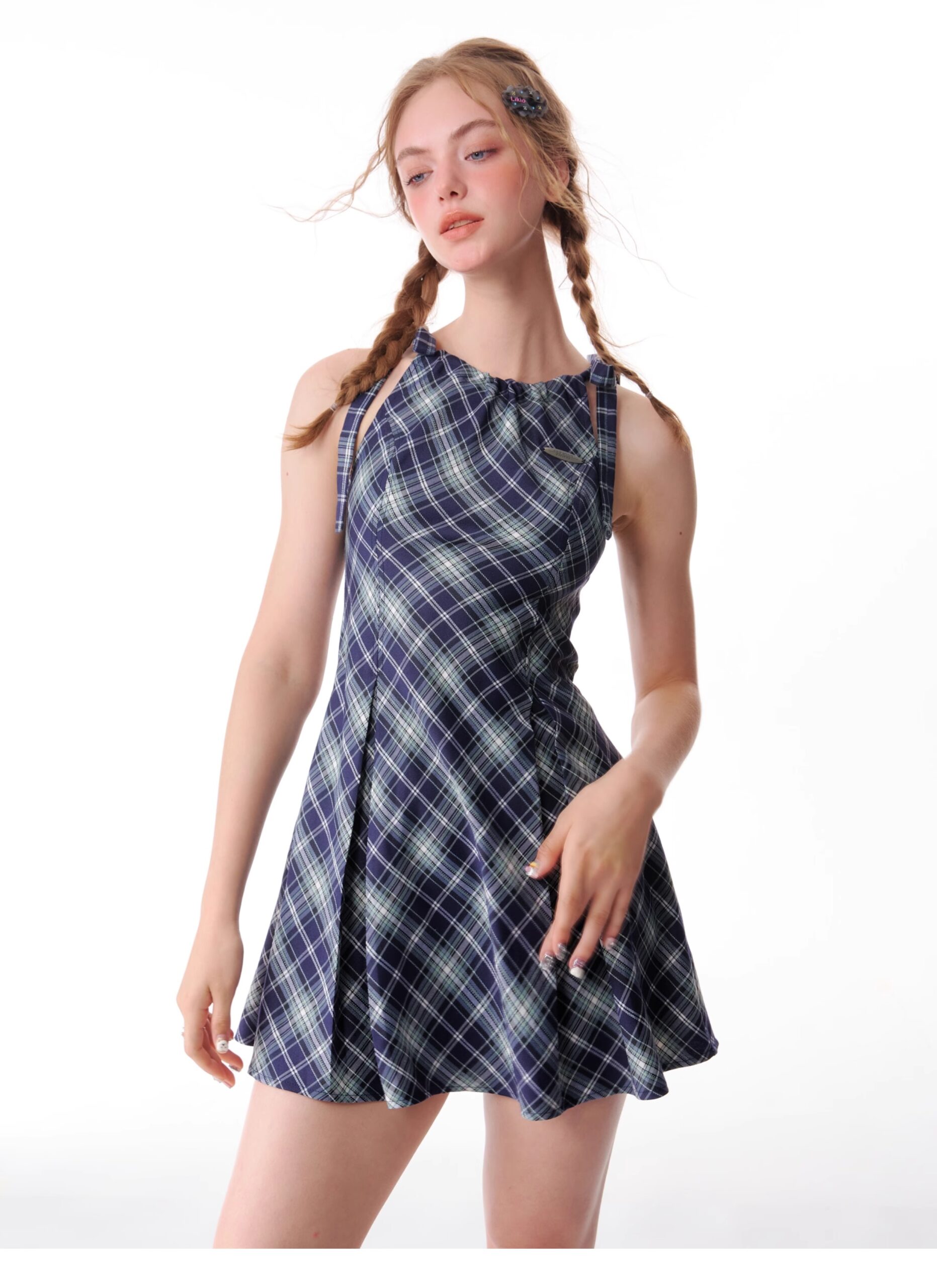 American Vintage Plaid Dress - Summer Blue Grid Slip Maxi Dress with Slimming Tailored Waist - Image 7