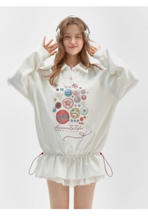 Vintage Button-Detail Polo Dress - Retro Print Pullover Sweatshirt Dress with Tailored Waist