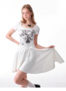 American Style Butterfly Print Dress - Defined Waist Short Sleeve Dress with Asymmetric Pleated Hem