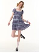 American Vintage Lavender Grid Dress - Square Neck Tiered Cake Dress with Puff Sleeves