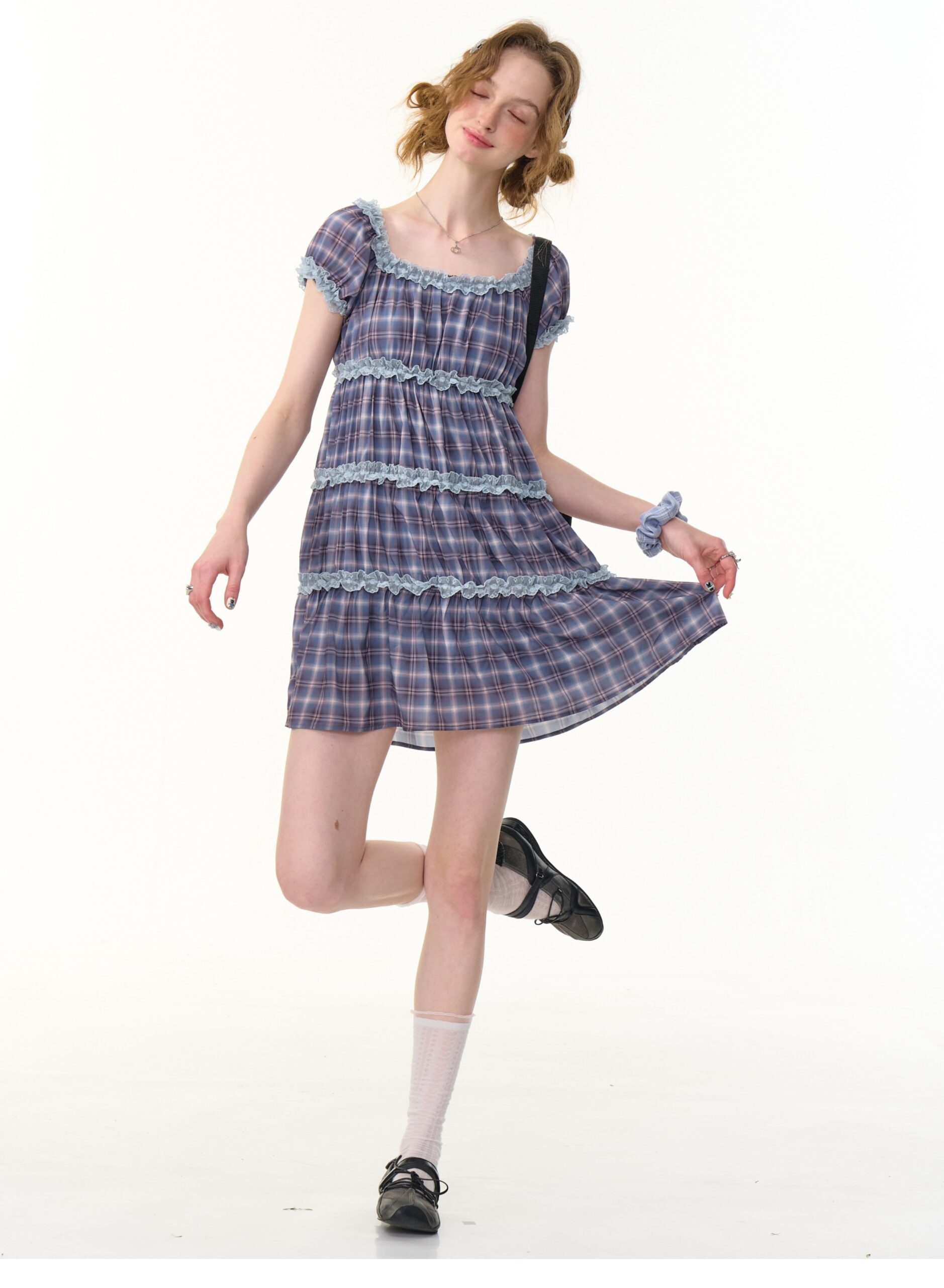 American Vintage Lavender Grid Dress - Square Neck Tiered Cake Dress with Puff Sleeves - Image 4