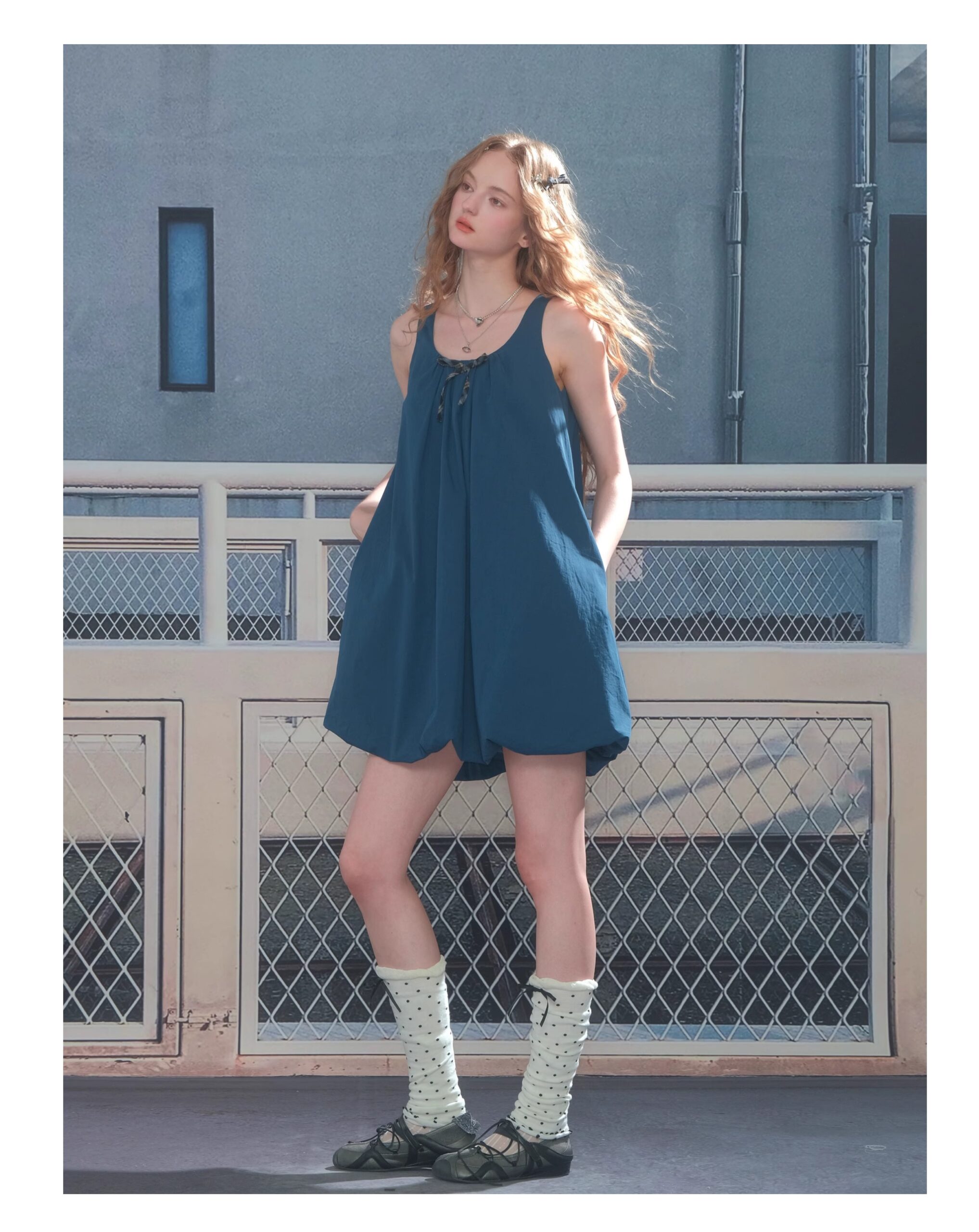 American Vintage Sapphire Blue Bloom Dress - Bow Detail Tube Top Dress with Apron-inspired Design - Image 6