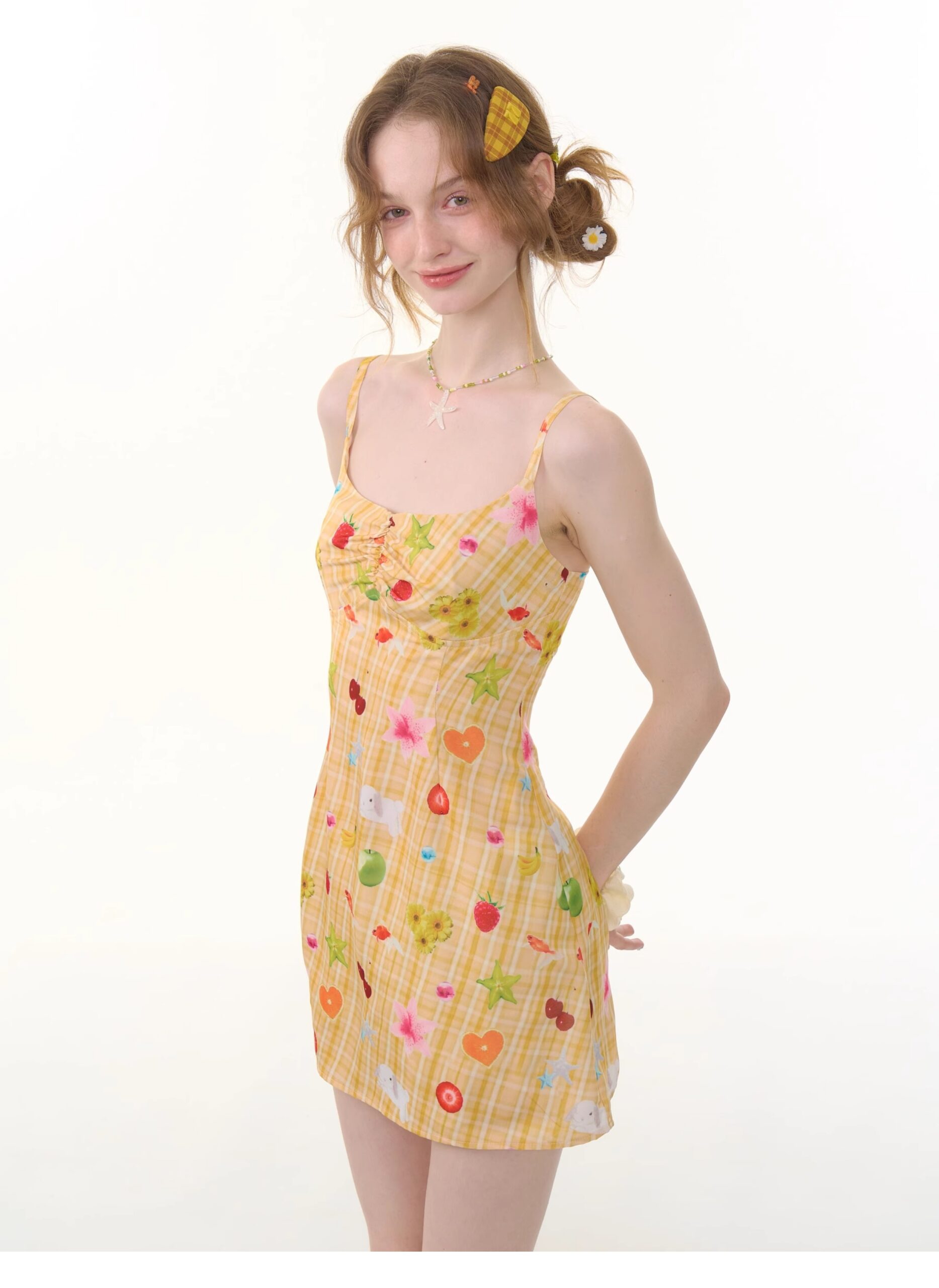 American Vintage Yellow Fruit Print Dress - Slimming Slip Dress with Defined Waist & Tropical Pattern - Image 8