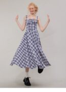 American Vintage Square Neck Dress - Blue Grid Print Bodycon Slit Maxi Dress with Tailored Waist