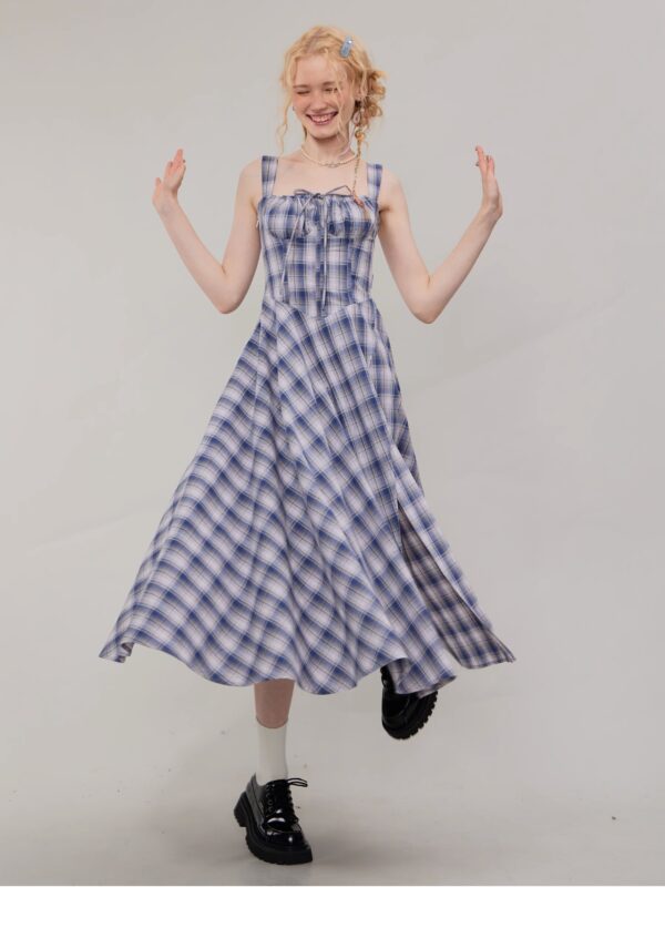 American Vintage Square Neck Dress - Blue Grid Print Bodycon Slit Maxi Dress with Tailored Waist - Image 11