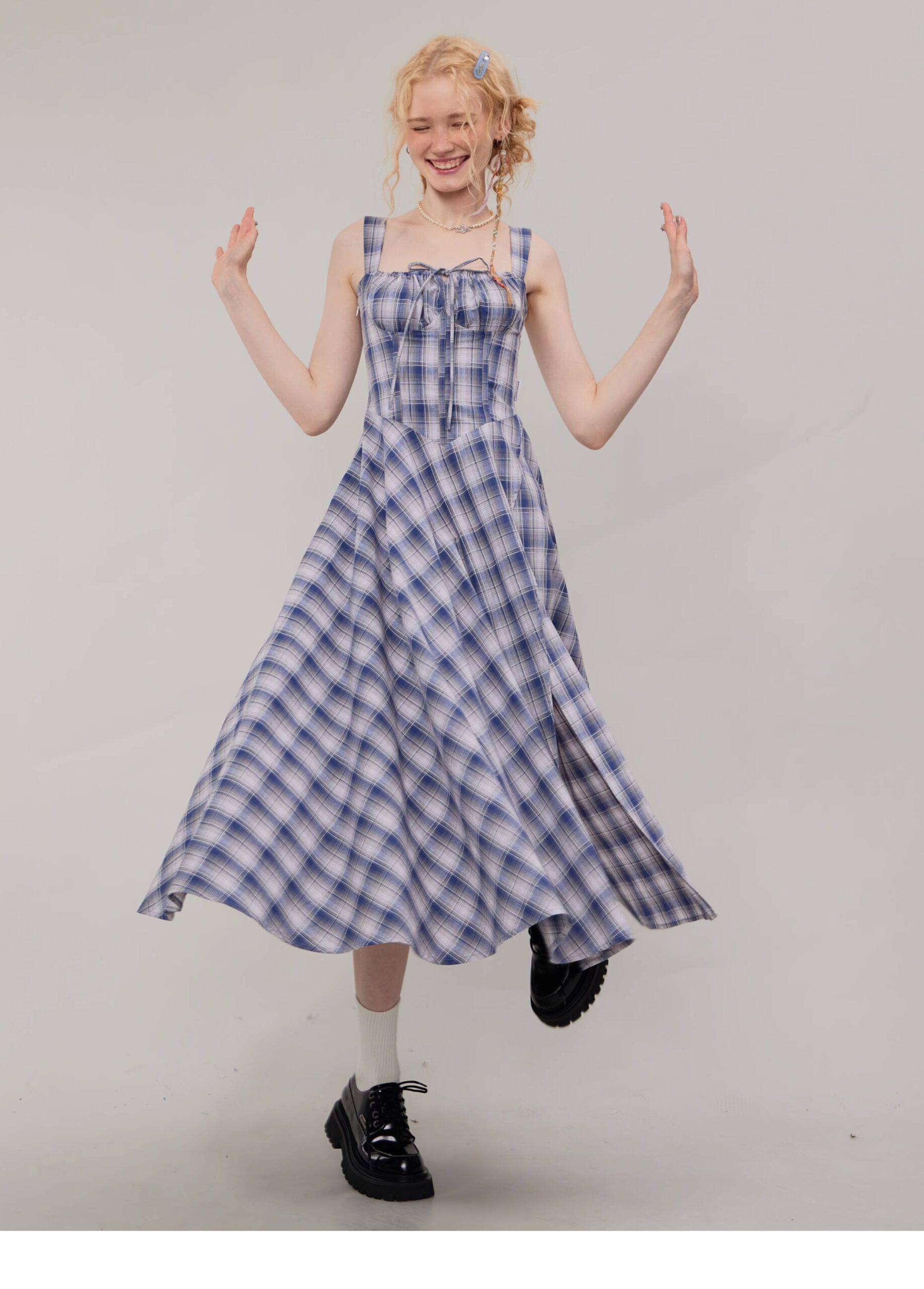 American Vintage Square Neck Dress - Blue Grid Print Bodycon Slit Maxi Dress with Tailored Waist - Image 11