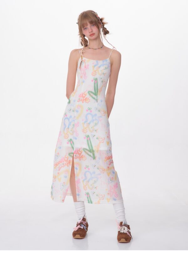 American Vintage Graffiti Print Maxi Dress - Slimming Slip Dress with High Slit & All-Over Artistic Design - Image 12