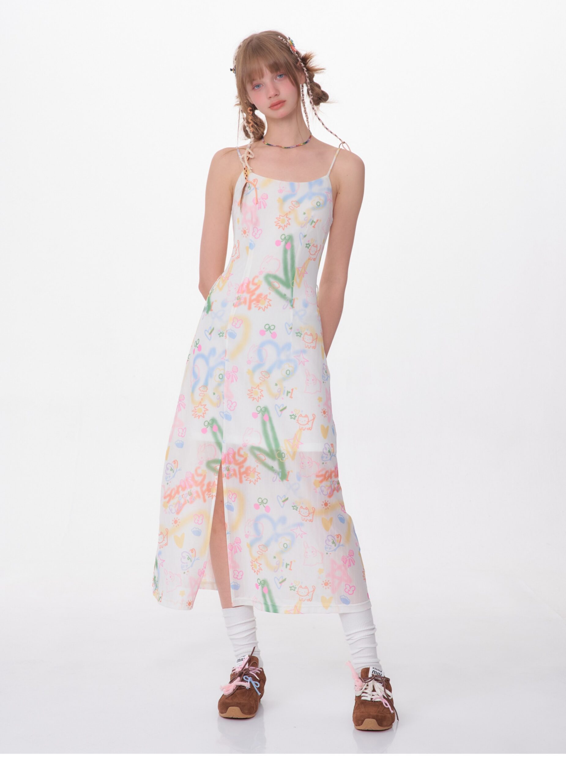 American Vintage Graffiti Print Maxi Dress - Slimming Slip Dress with High Slit & All-Over Artistic Design - Image 12