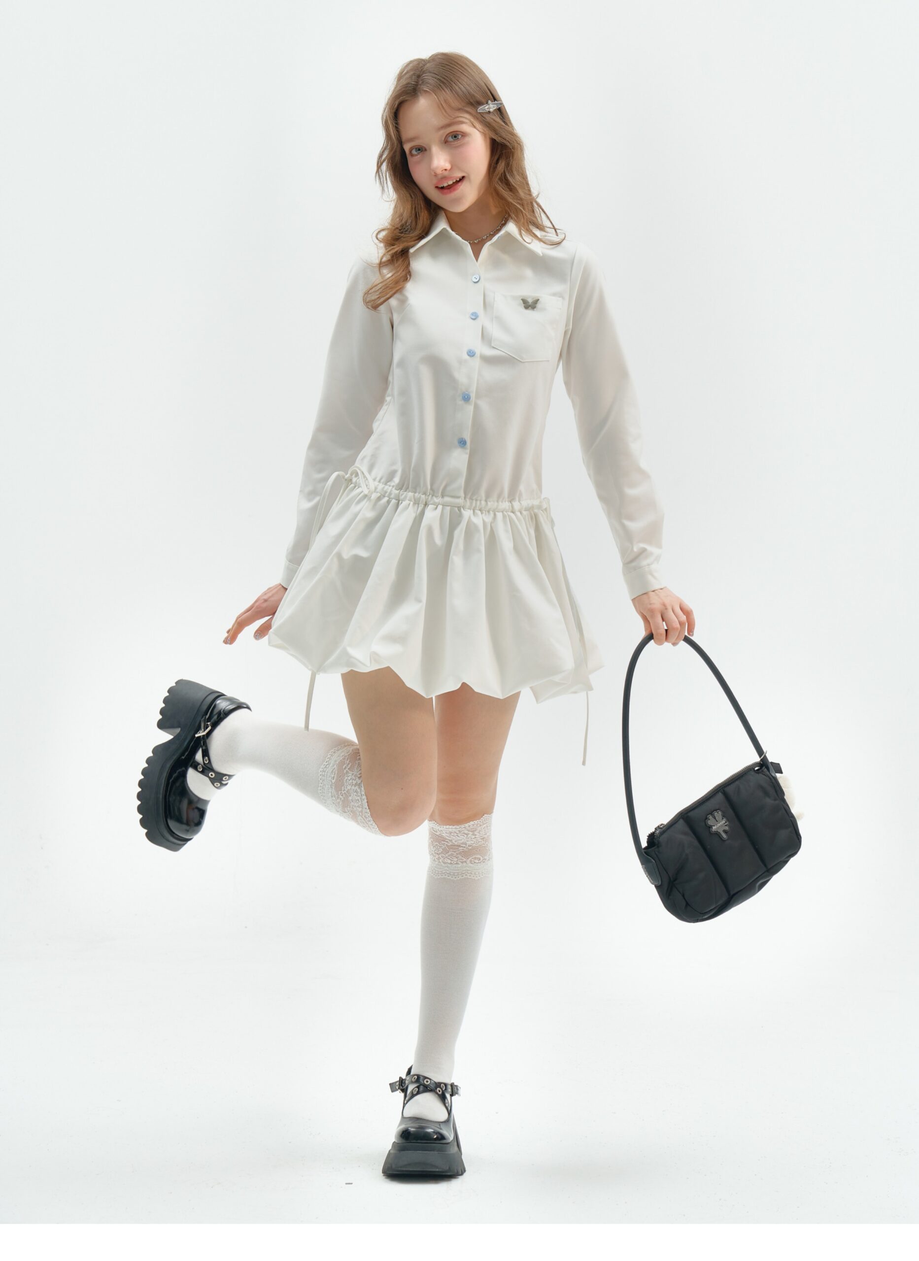 American Vintage Polo Bloom Dress - White Preppy Figure-Flattering Long Sleeve Dress with Tailored Waist - Image 11