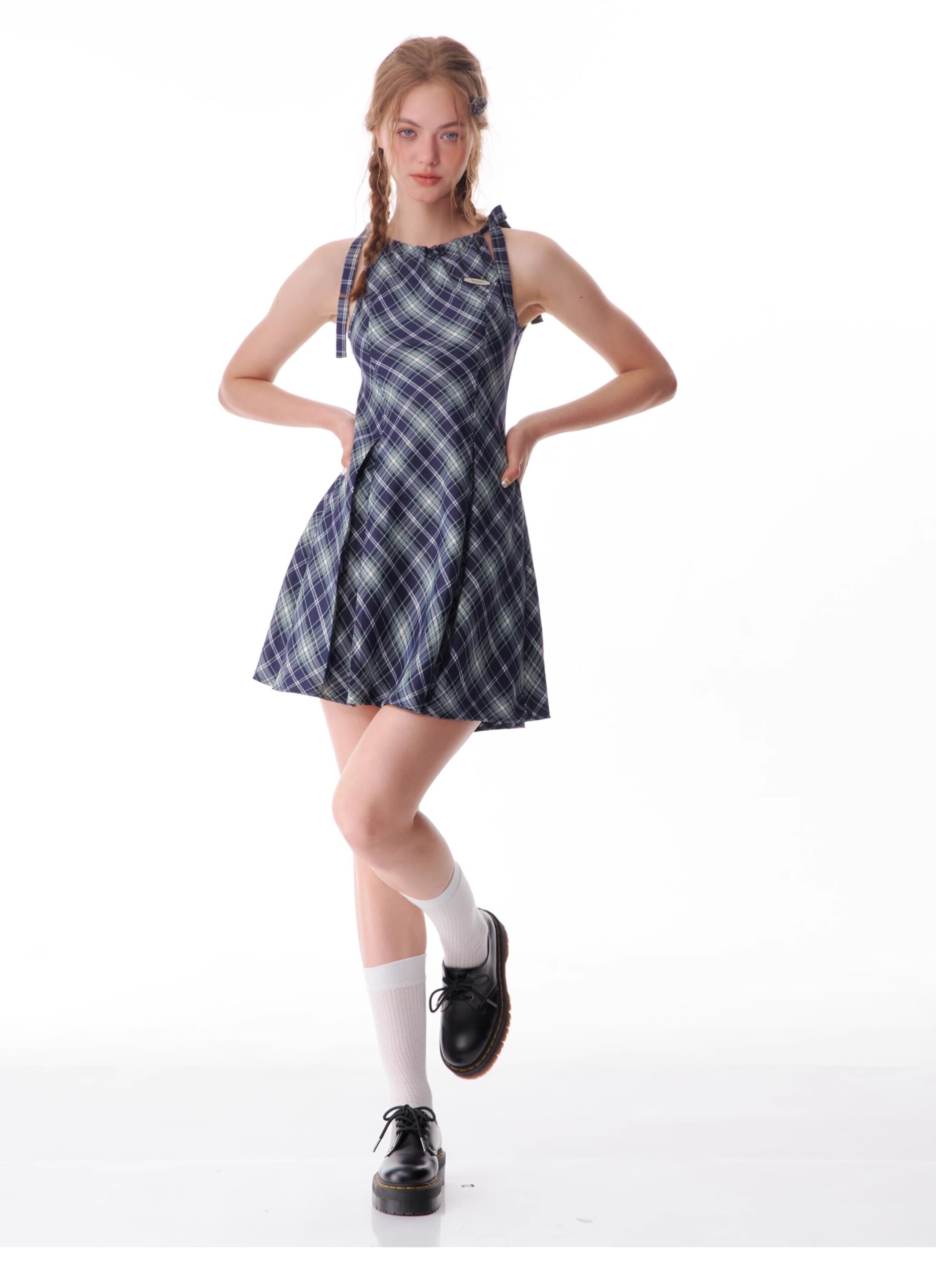 American Vintage Plaid Dress - Summer Blue Grid Slip Maxi Dress with Slimming Tailored Waist - Image 8