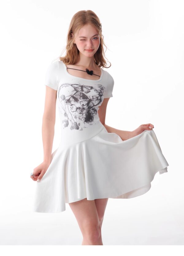 American Style Butterfly Print Dress - Defined Waist Short Sleeve Dress with Asymmetric Pleated Hem - Image 8