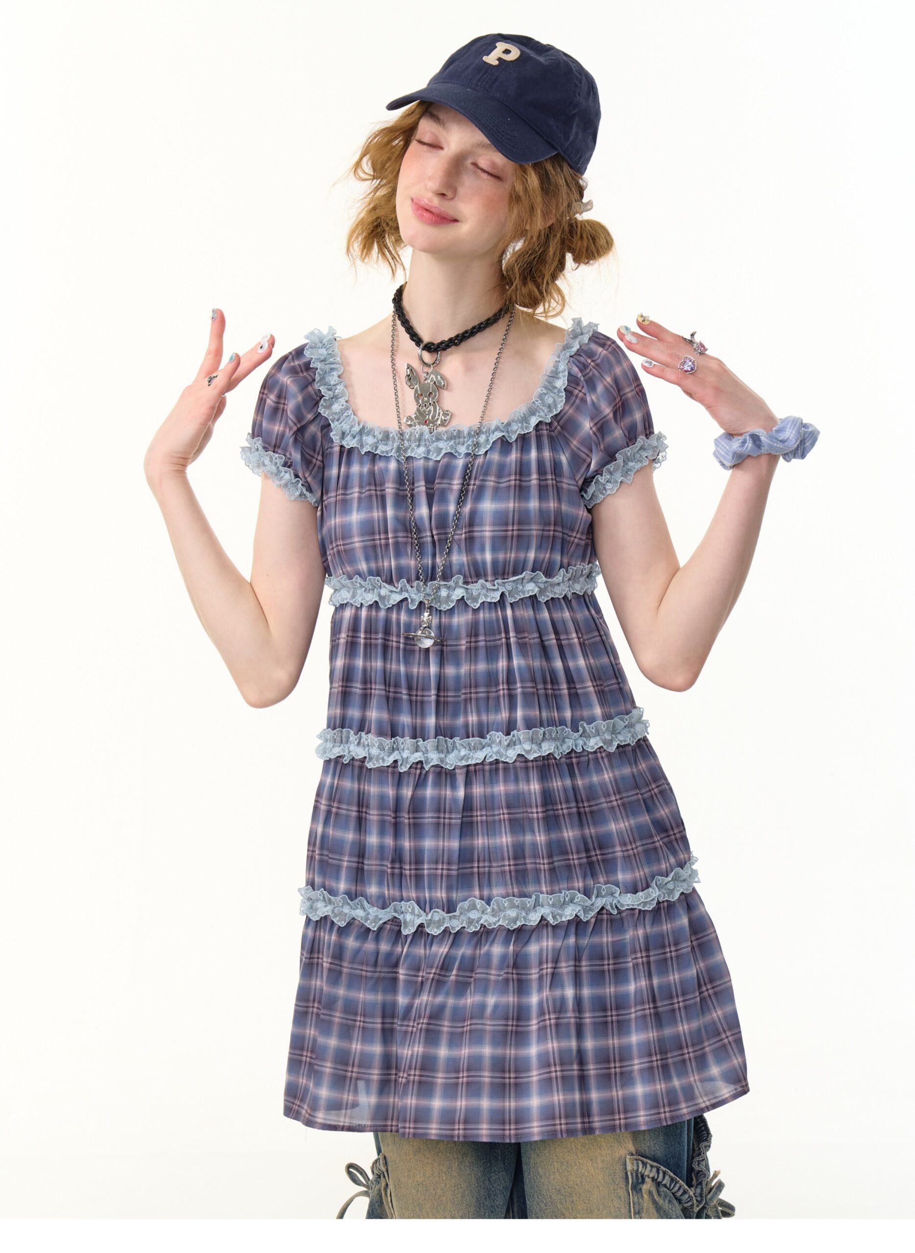 American Vintage Lavender Grid Dress - Square Neck Tiered Cake Dress with Puff Sleeves - Image 5