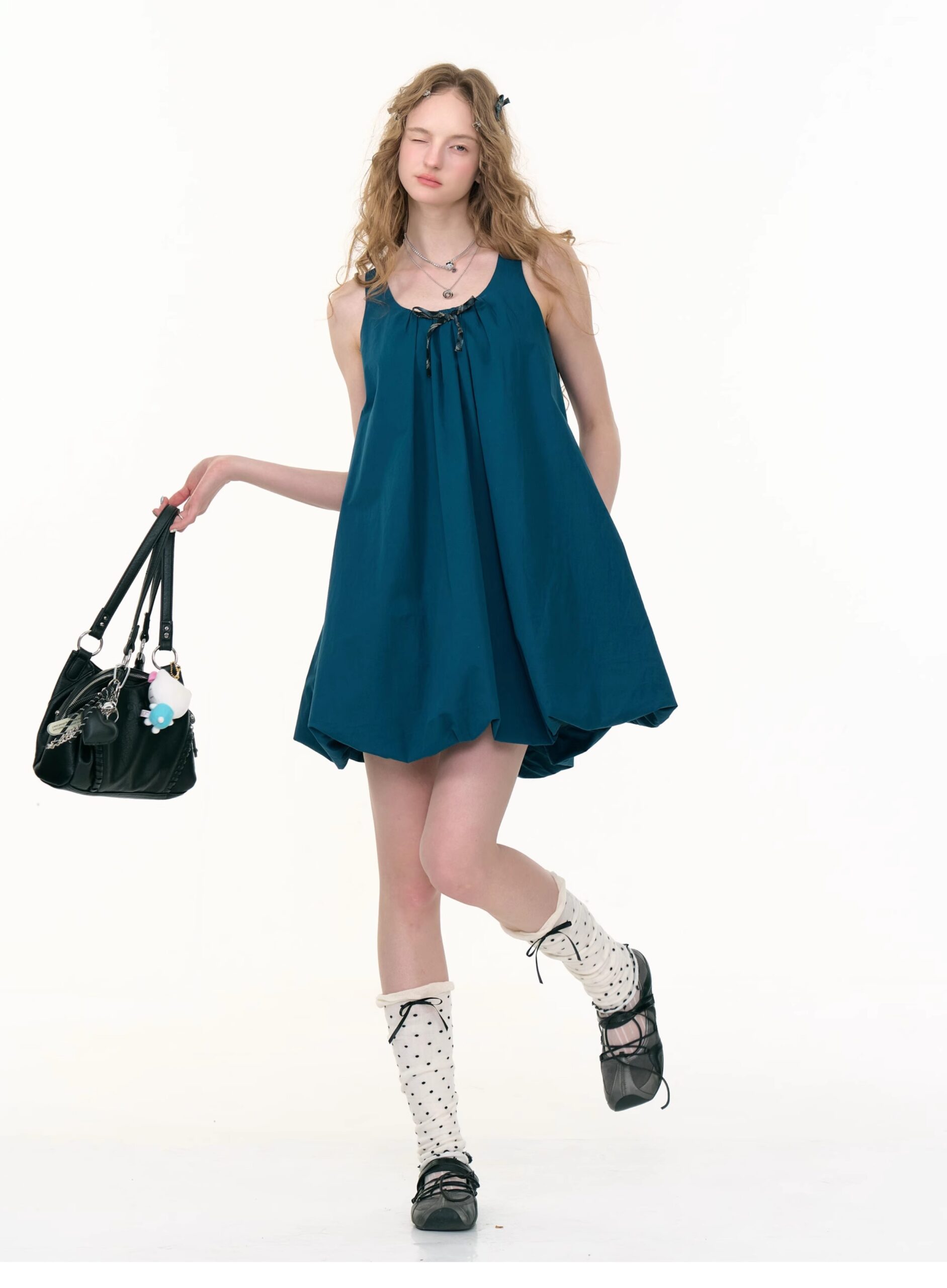 American Vintage Sapphire Blue Bloom Dress - Bow Detail Tube Top Dress with Apron-inspired Design - Image 7