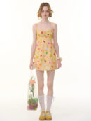 American Vintage Yellow Fruit Print Dress - Slimming Slip Dress with Defined Waist & Tropical Pattern