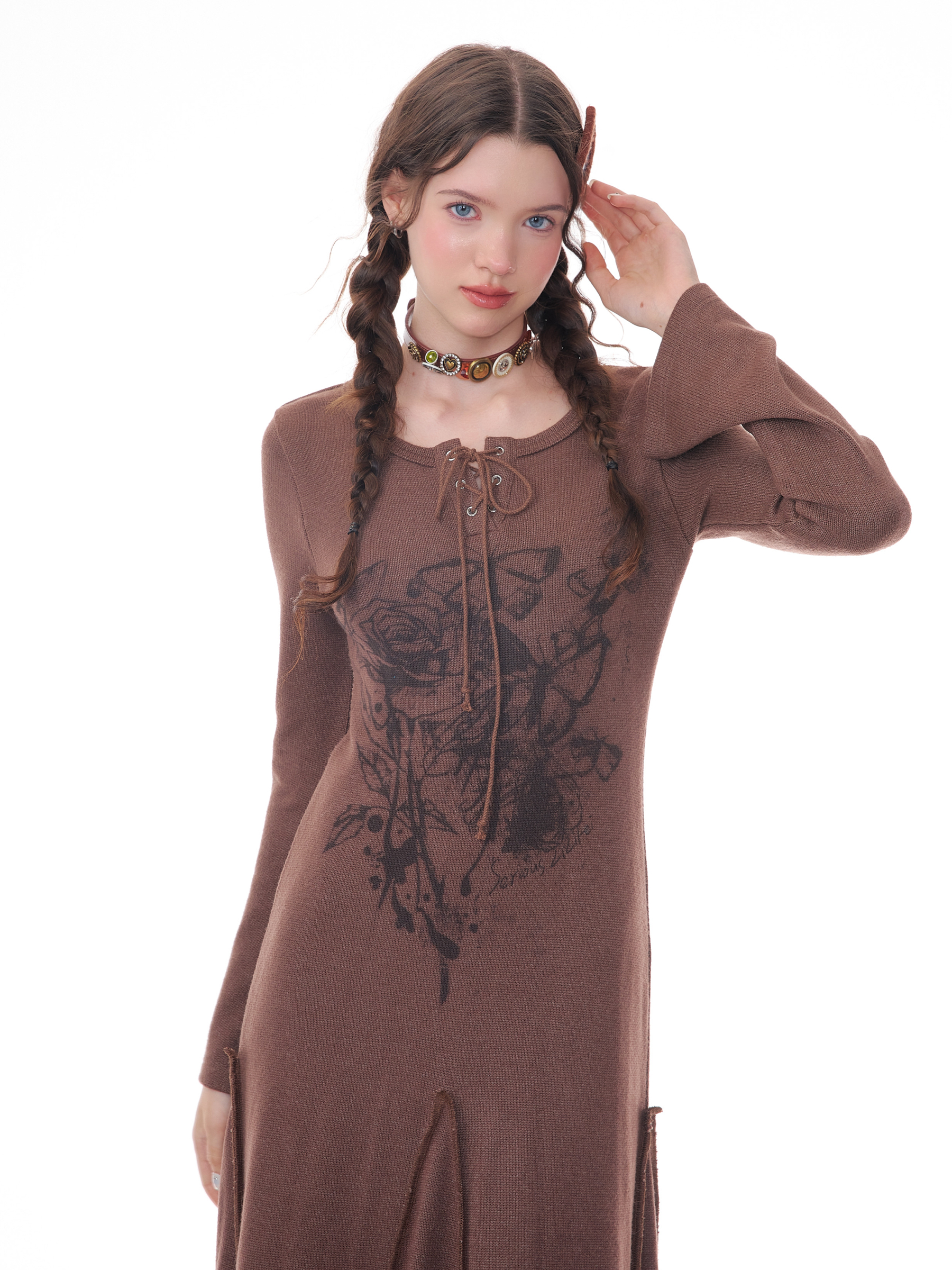 Winter Rose Print Knit Dress - Heavyweight Wool Blend Long Sleeve Bodycon Midi Dress - Image 21