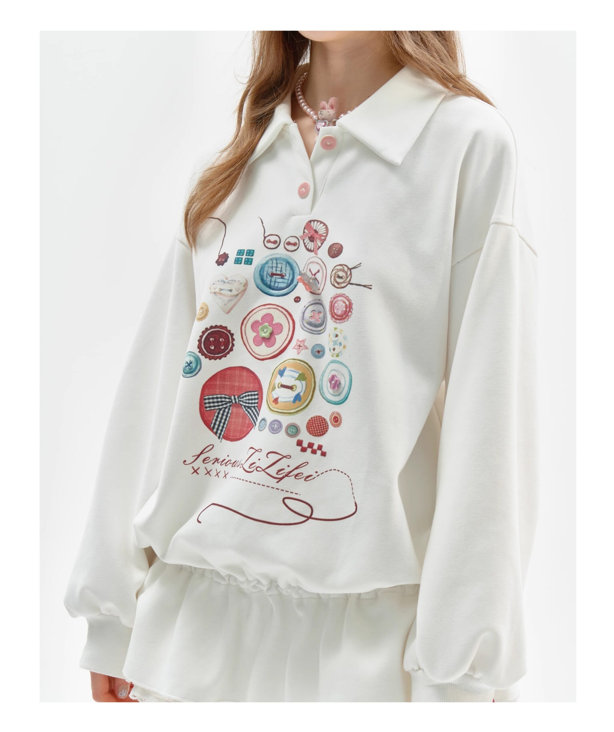 Vintage Button-Detail Polo Dress - Retro Print Pullover Sweatshirt Dress with Tailored Waist - Image 4