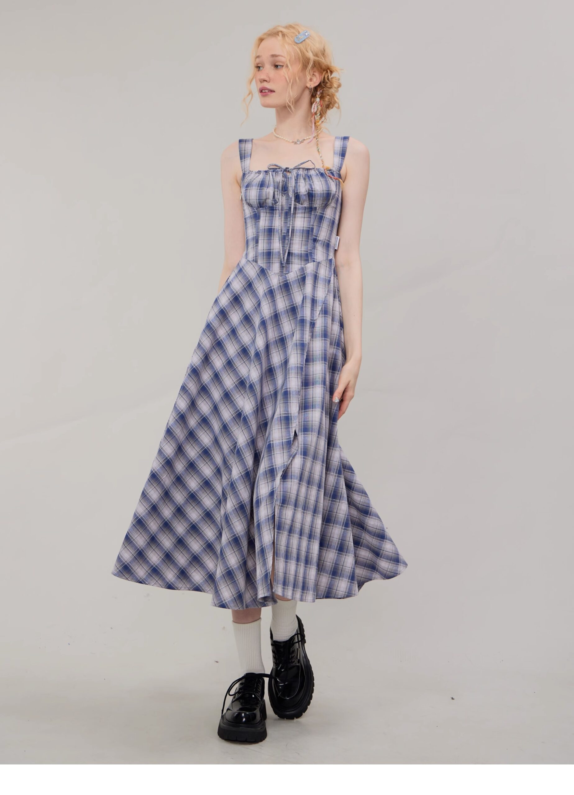 American Vintage Square Neck Dress - Blue Grid Print Bodycon Slit Maxi Dress with Tailored Waist - Image 12