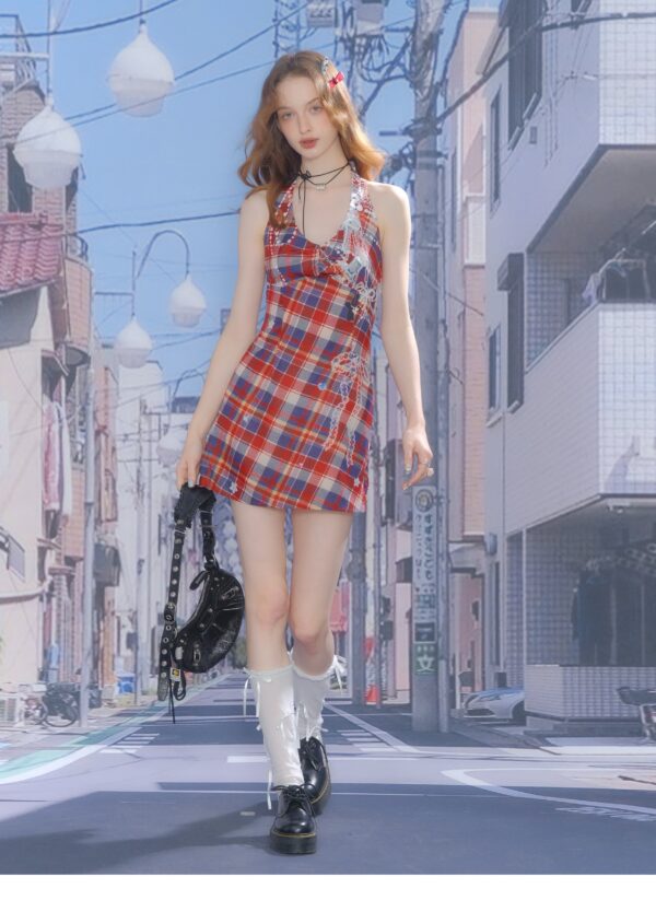 American Vintage Halter Neck Dress - Red & Blue Plaid Print Slim Fit Sundress with Defined Waist - Image 11