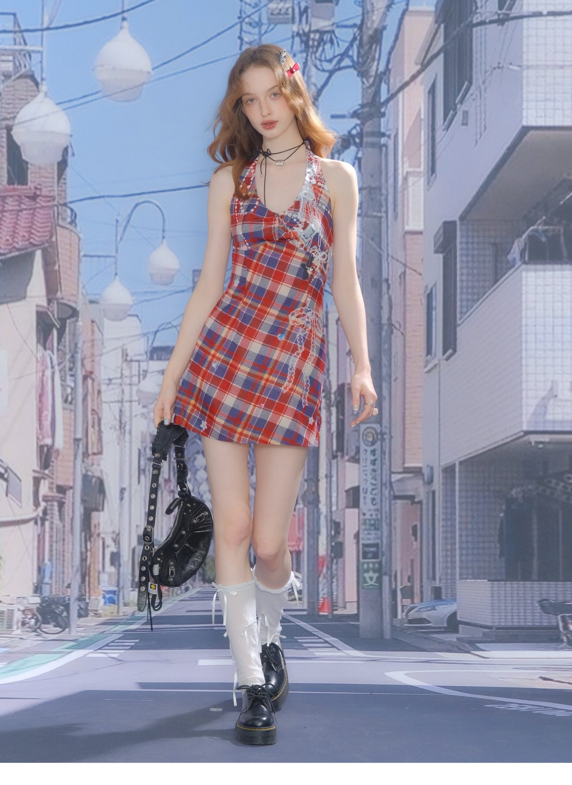 American Vintage Halter Neck Dress - Red & Blue Plaid Print Slim Fit Sundress with Defined Waist - Image 11