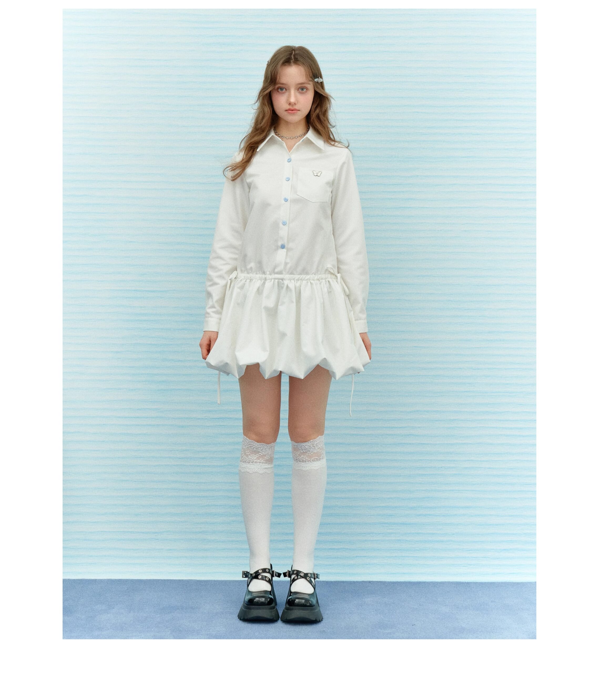 American Vintage Polo Bloom Dress - White Preppy Figure-Flattering Long Sleeve Dress with Tailored Waist - Image 12