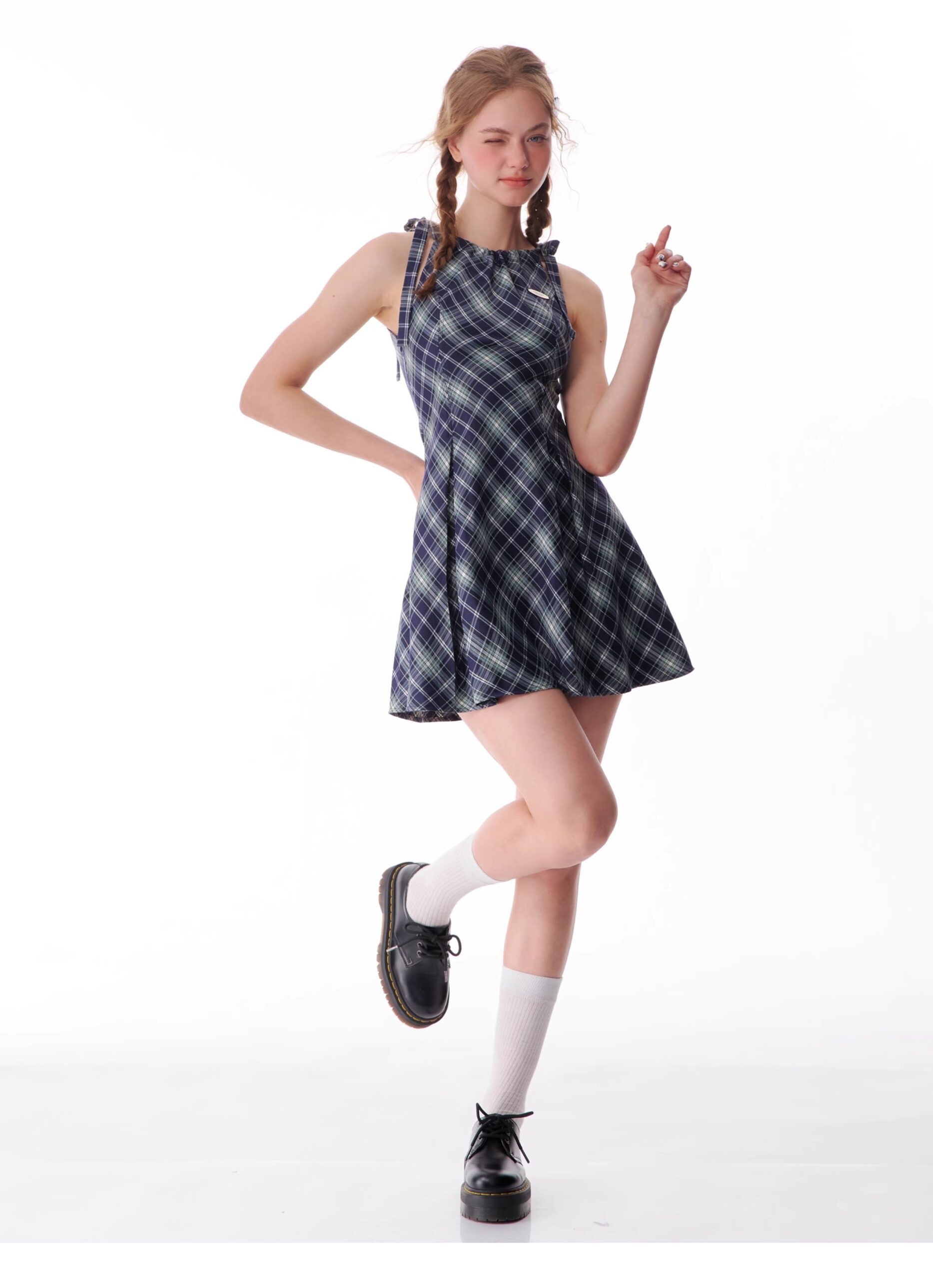 American Vintage Plaid Dress - Summer Blue Grid Slip Maxi Dress with Slimming Tailored Waist - Image 9