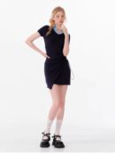 American Style False Two-Piece Dress - Polo Collar Short Sleeve Dress with Drawstring Waist & Smocking Details