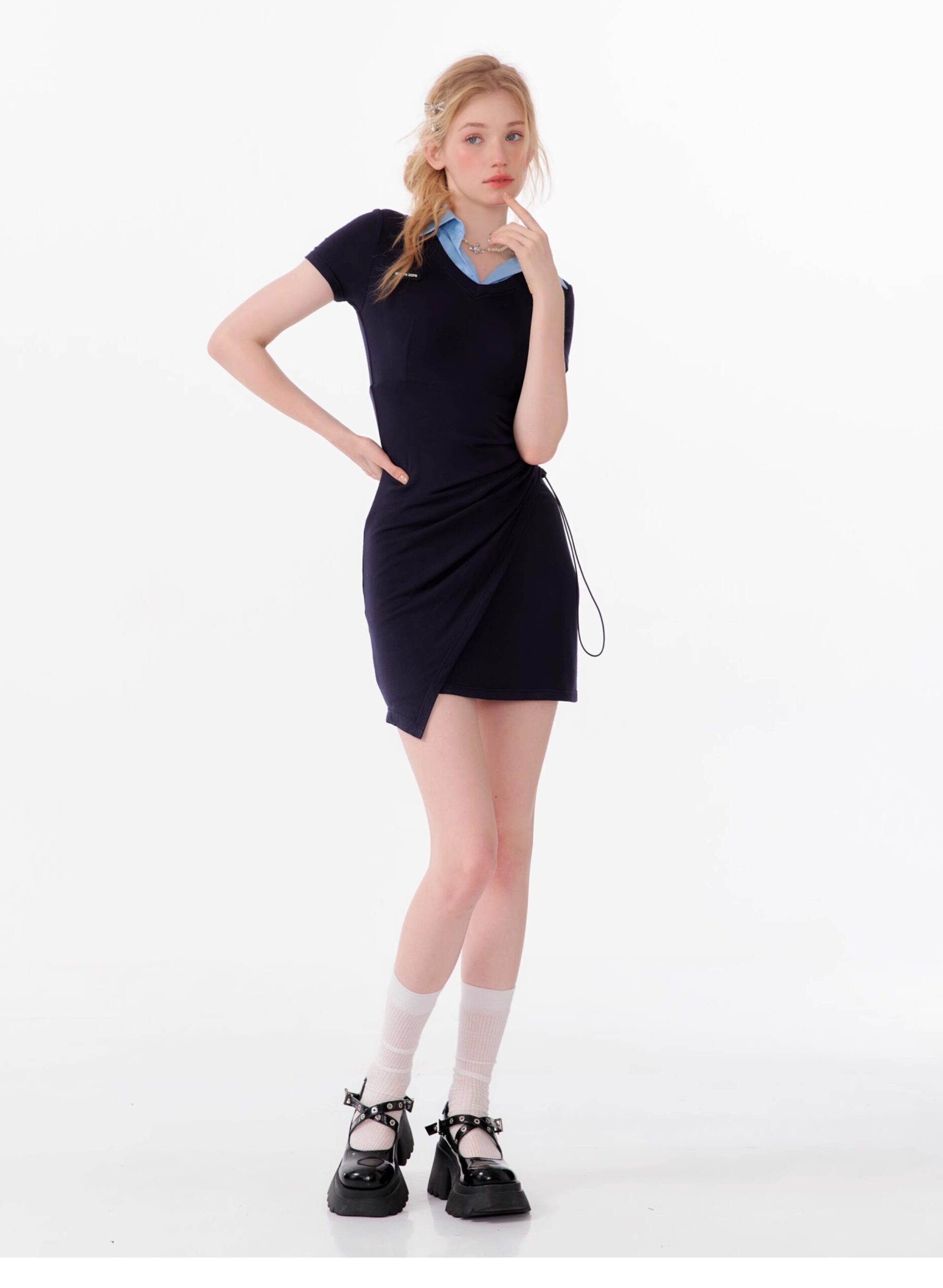 American Style False Two-Piece Dress - Polo Collar Short Sleeve Dress with Drawstring Waist & Smocking Details - Image 18