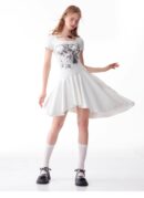 American Style Butterfly Print Dress - Defined Waist Short Sleeve Dress with Asymmetric Pleated Hem