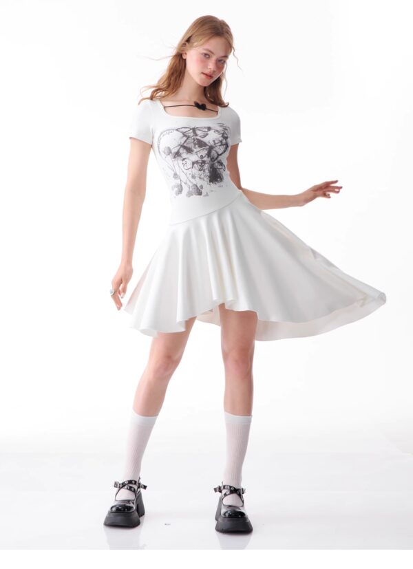 American Style Butterfly Print Dress - Defined Waist Short Sleeve Dress with Asymmetric Pleated Hem - Image 9