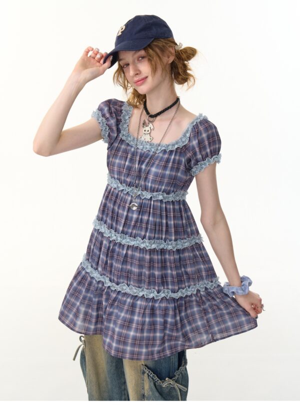 American Vintage Lavender Grid Dress - Square Neck Tiered Cake Dress with Puff Sleeves - Image 6
