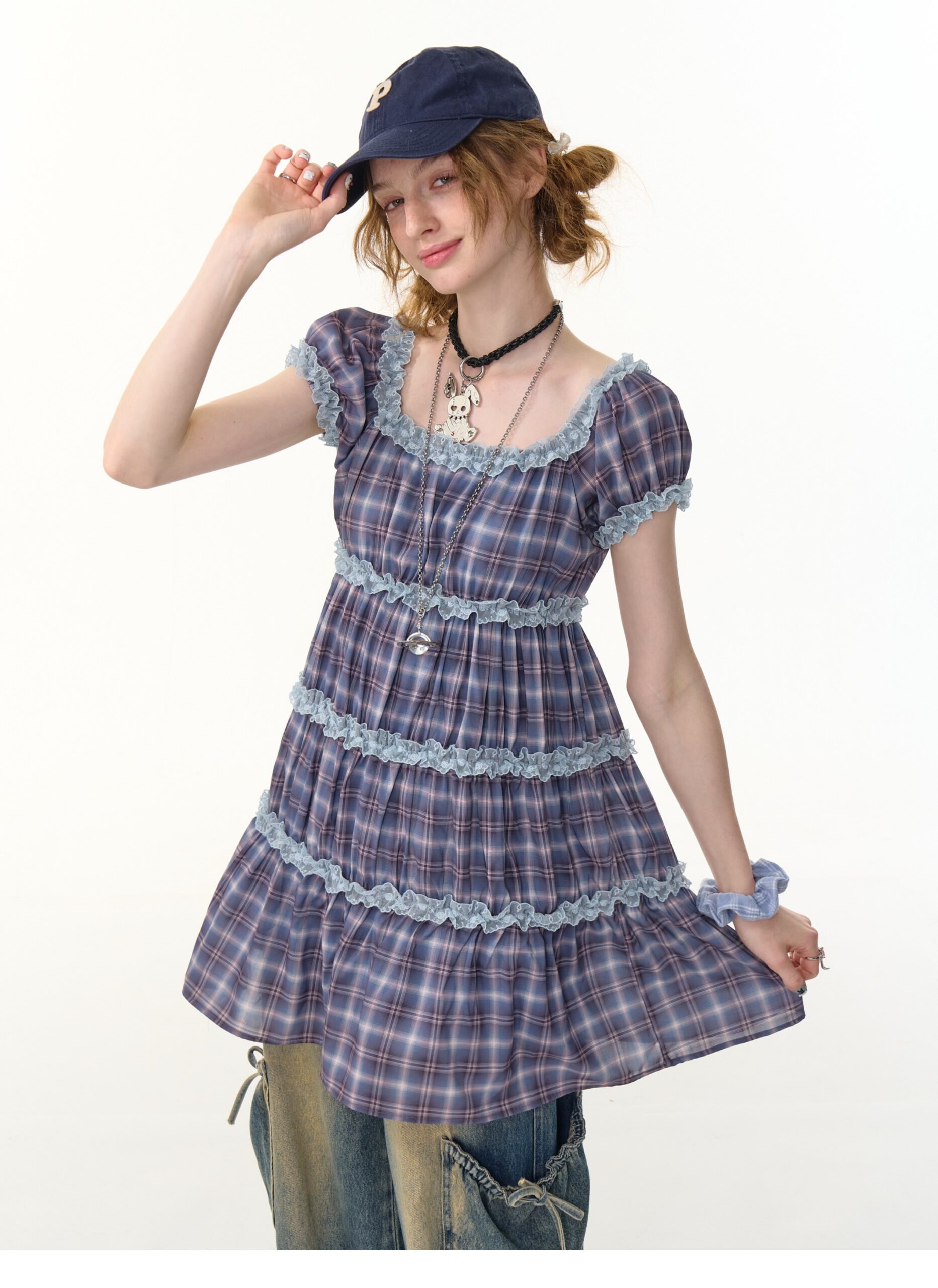 American Vintage Lavender Grid Dress - Square Neck Tiered Cake Dress with Puff Sleeves - Image 6