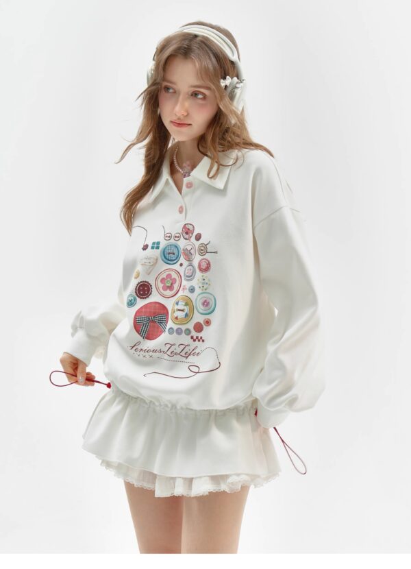 Vintage Button-Detail Polo Dress - Retro Print Pullover Sweatshirt Dress with Tailored Waist - Image 8