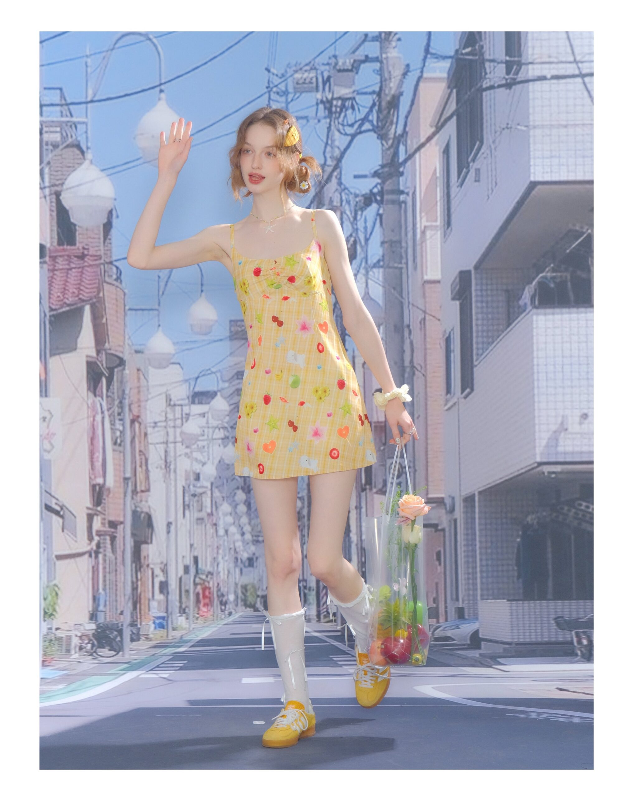 American Vintage Yellow Fruit Print Dress - Slimming Slip Dress with Defined Waist & Tropical Pattern - Image 10