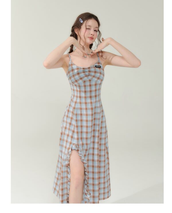 Vintage Blue-Brown Grid Maxi Dress - Bodycon Slit Long Dress with Tailored Waist - Image 9