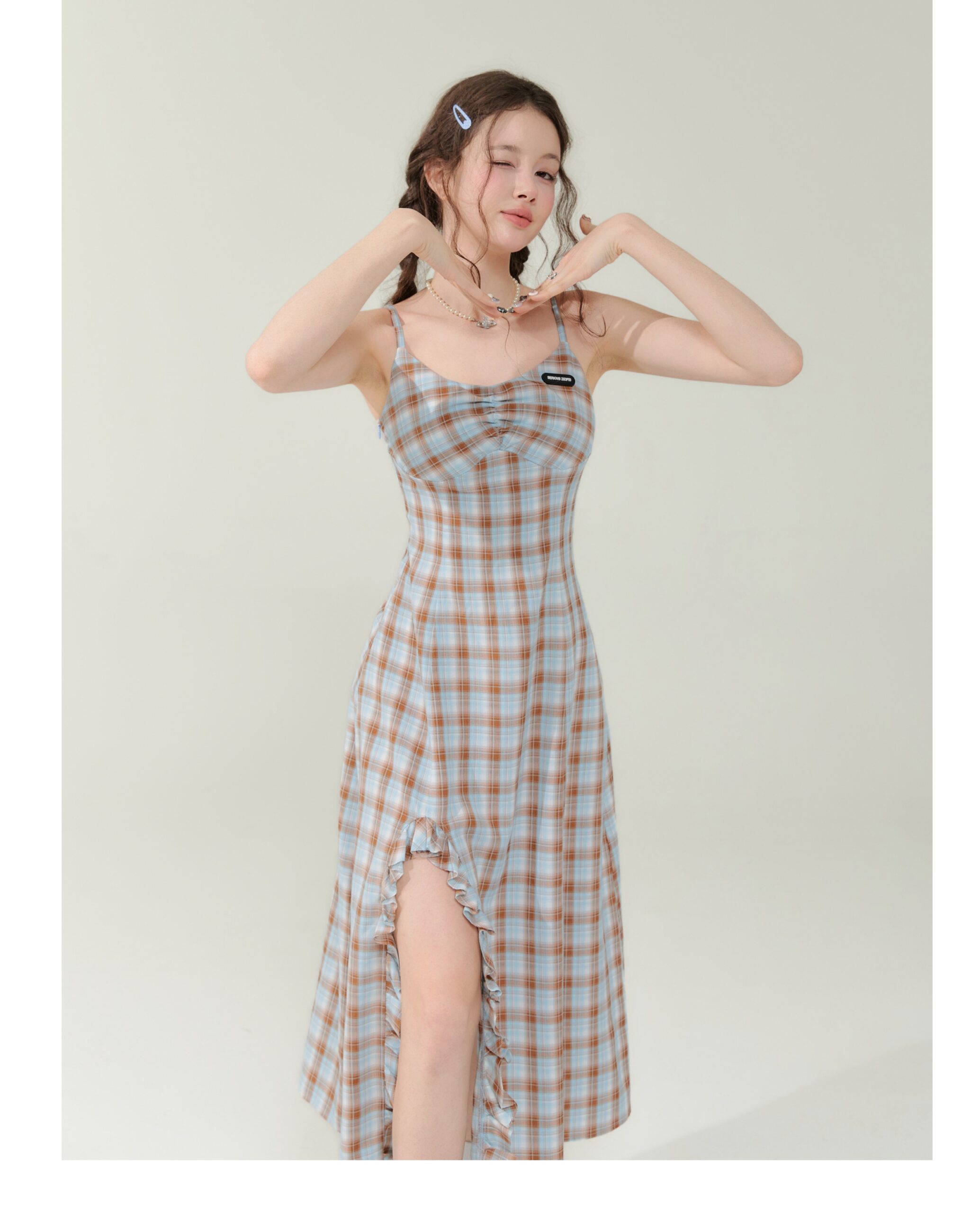 Vintage Blue-Brown Grid Maxi Dress - Bodycon Slit Long Dress with Tailored Waist - Image 9