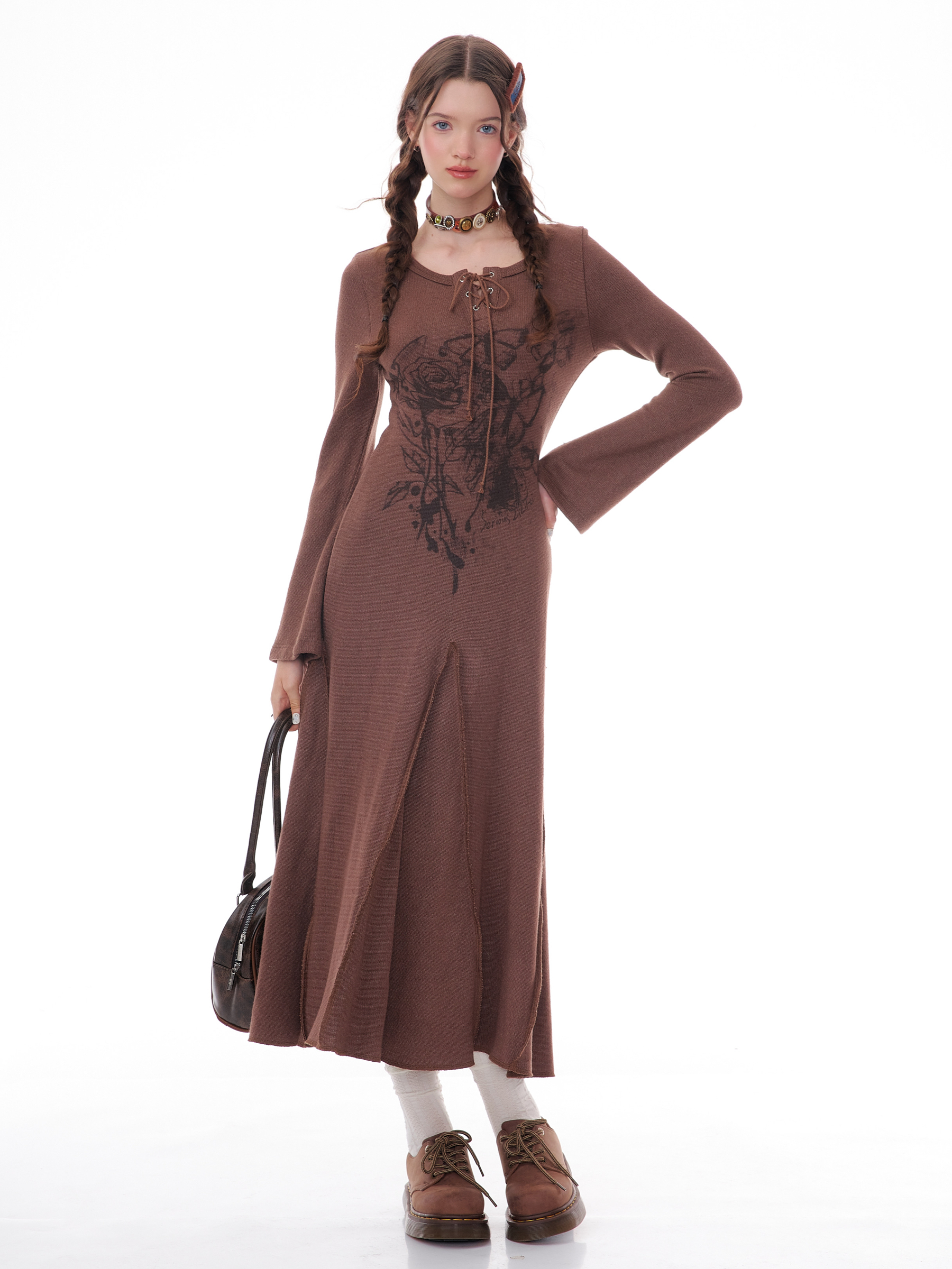 Winter Rose Print Knit Dress - Heavyweight Wool Blend Long Sleeve Bodycon Midi Dress - Image 6