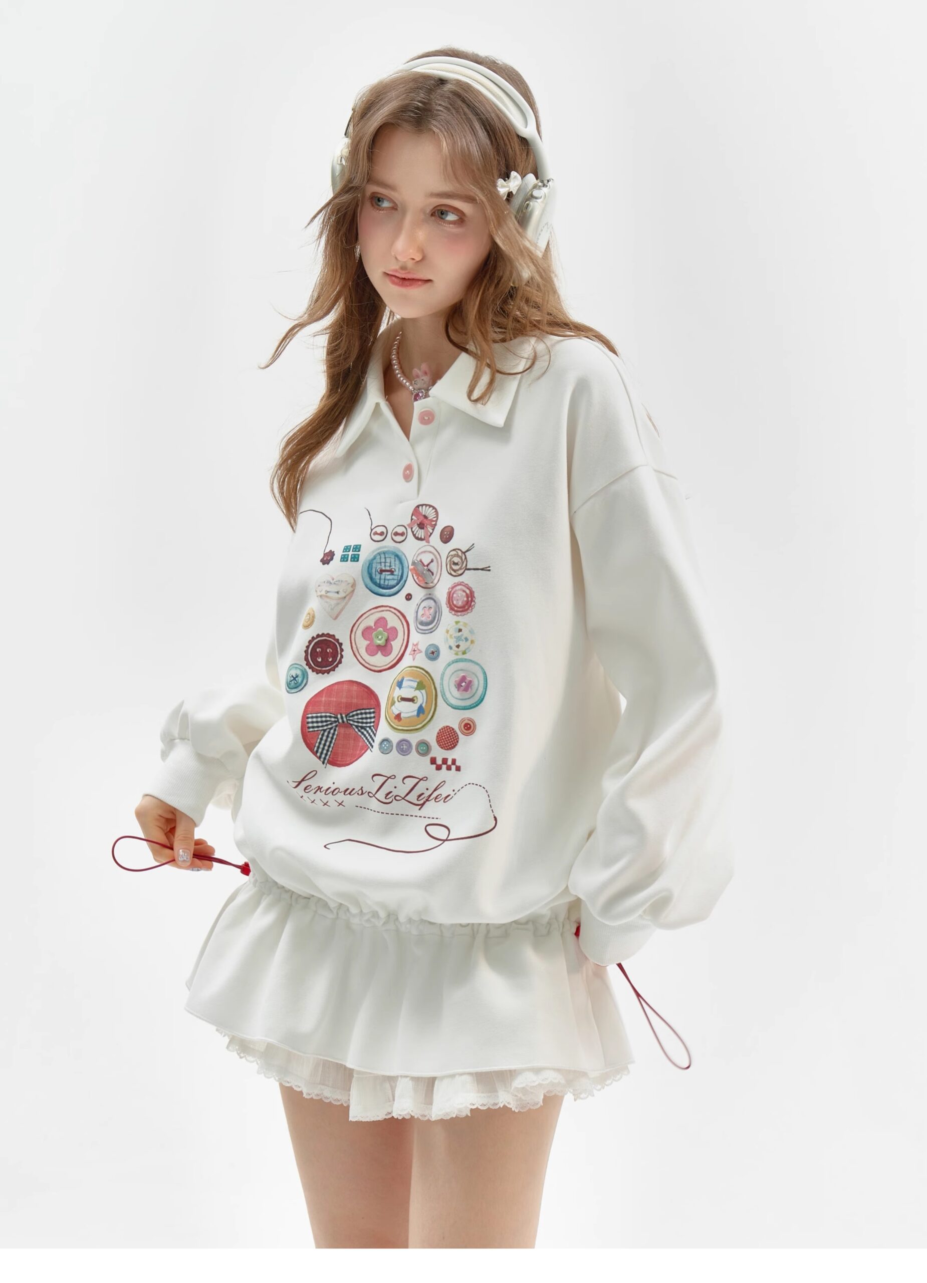 Vintage Button-Detail Polo Dress - Retro Print Pullover Sweatshirt Dress with Tailored Waist - Image 8