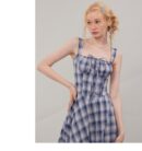 American Vintage Square Neck Dress - Blue Grid Print Bodycon Slit Maxi Dress with Tailored Waist