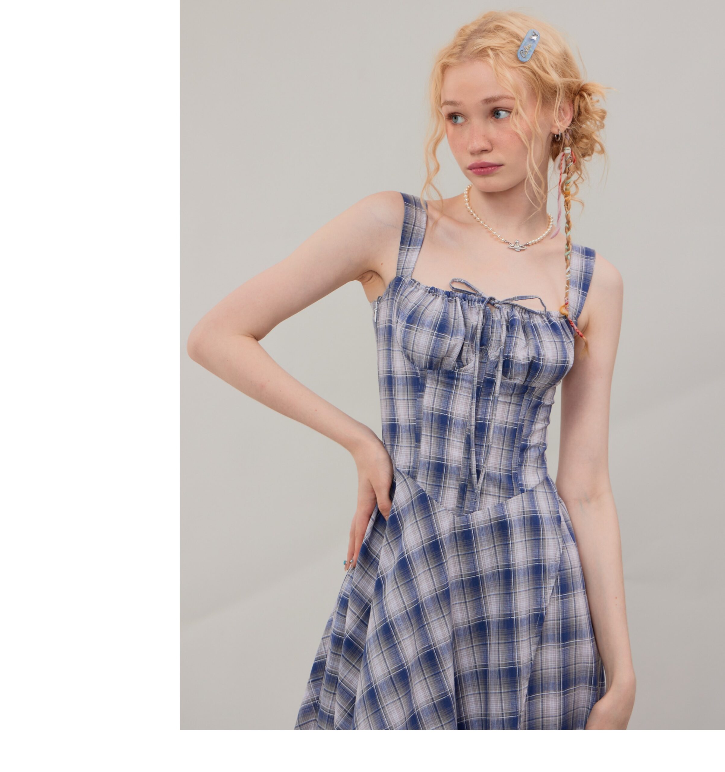 American Vintage Square Neck Dress - Blue Grid Print Bodycon Slit Maxi Dress with Tailored Waist - Image 13