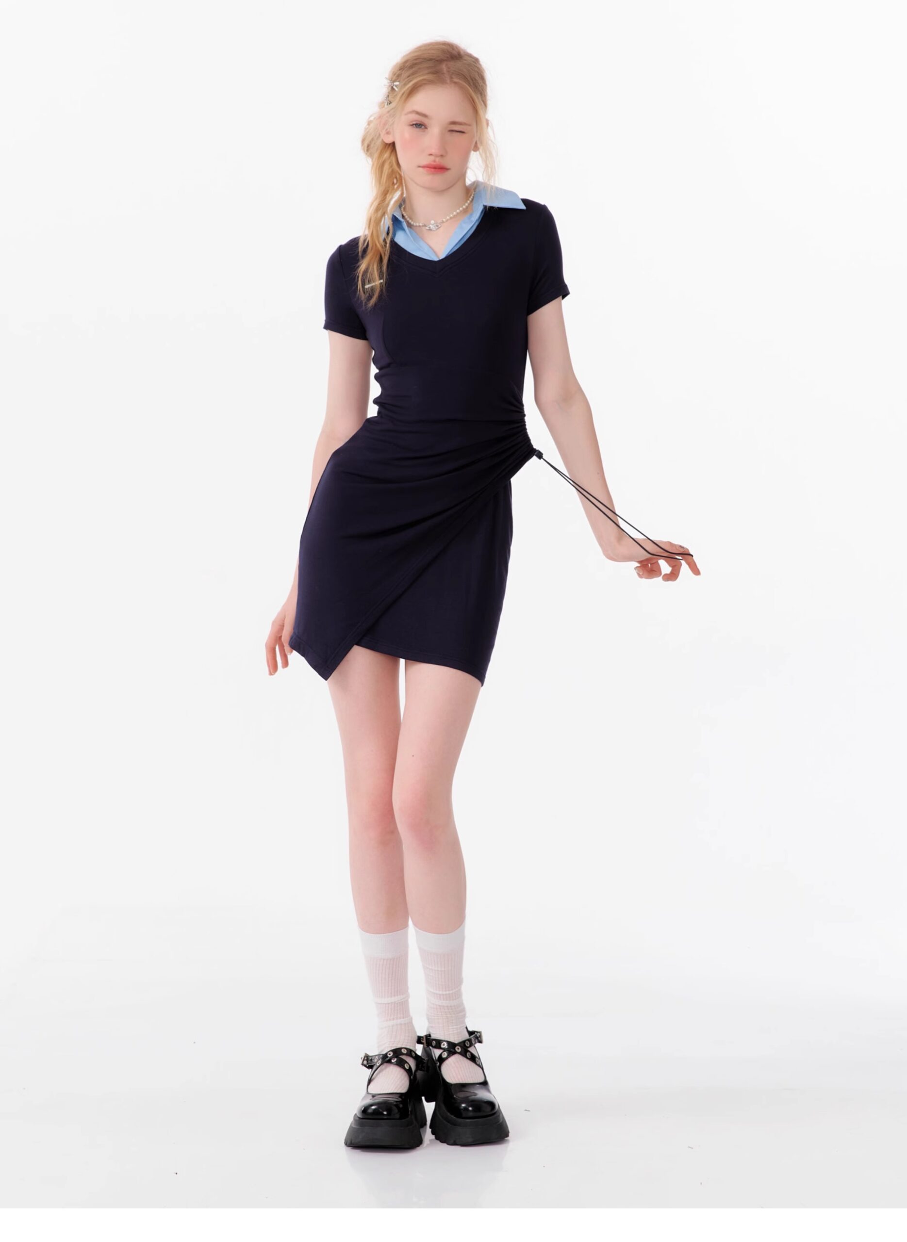 American Style False Two-Piece Dress - Polo Collar Short Sleeve Dress with Drawstring Waist & Smocking Details - Image 19