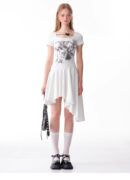 American Style Butterfly Print Dress - Defined Waist Short Sleeve Dress with Asymmetric Pleated Hem