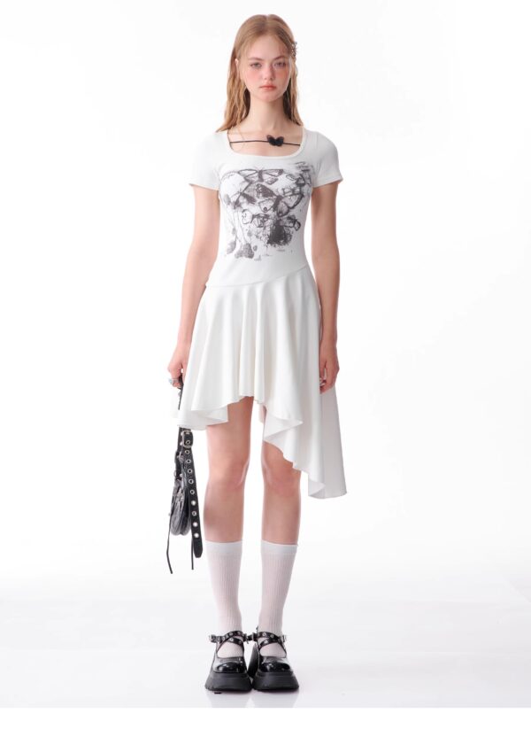 American Style Butterfly Print Dress - Defined Waist Short Sleeve Dress with Asymmetric Pleated Hem - Image 10