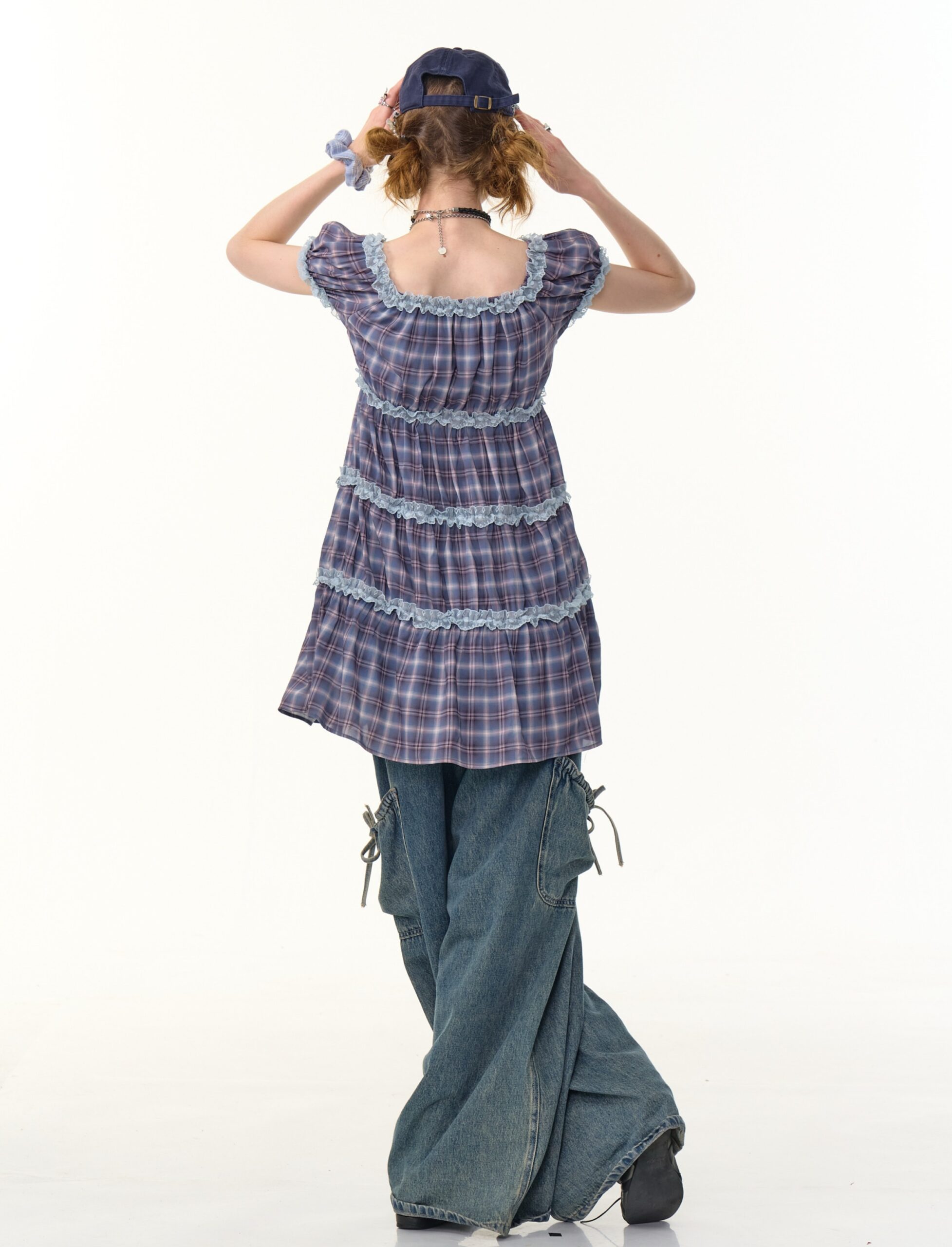 American Vintage Lavender Grid Dress - Square Neck Tiered Cake Dress with Puff Sleeves - Image 7