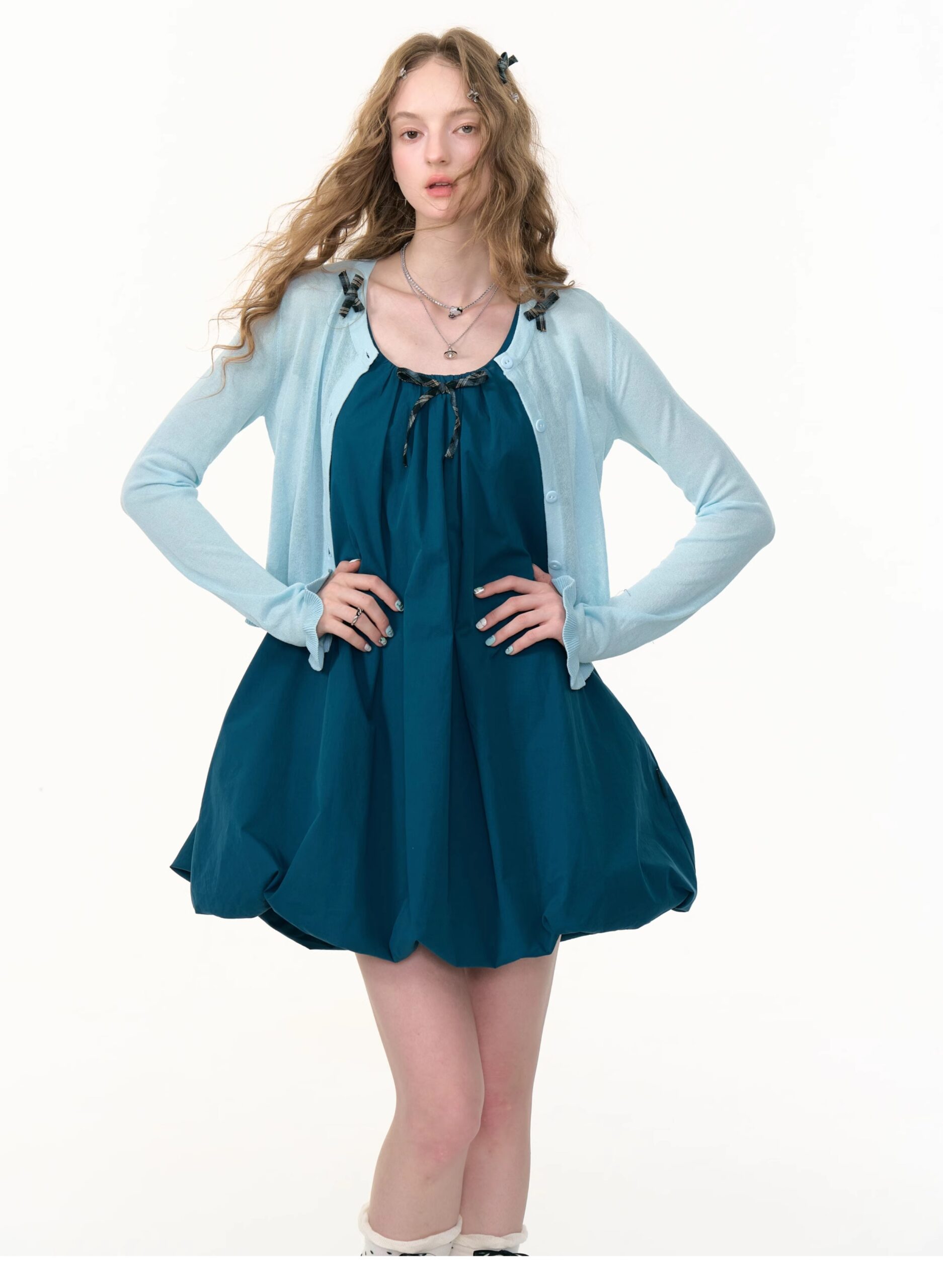 American Vintage Sapphire Blue Bloom Dress - Bow Detail Tube Top Dress with Apron-inspired Design - Image 9