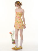 American Vintage Yellow Fruit Print Dress - Slimming Slip Dress with Defined Waist & Tropical Pattern