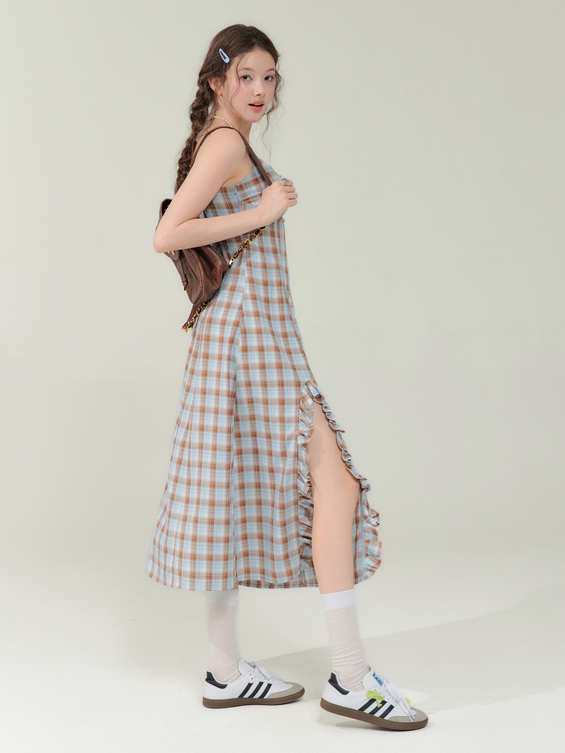 Vintage Blue-Brown Grid Maxi Dress - Bodycon Slit Long Dress with Tailored Waist - Image 10