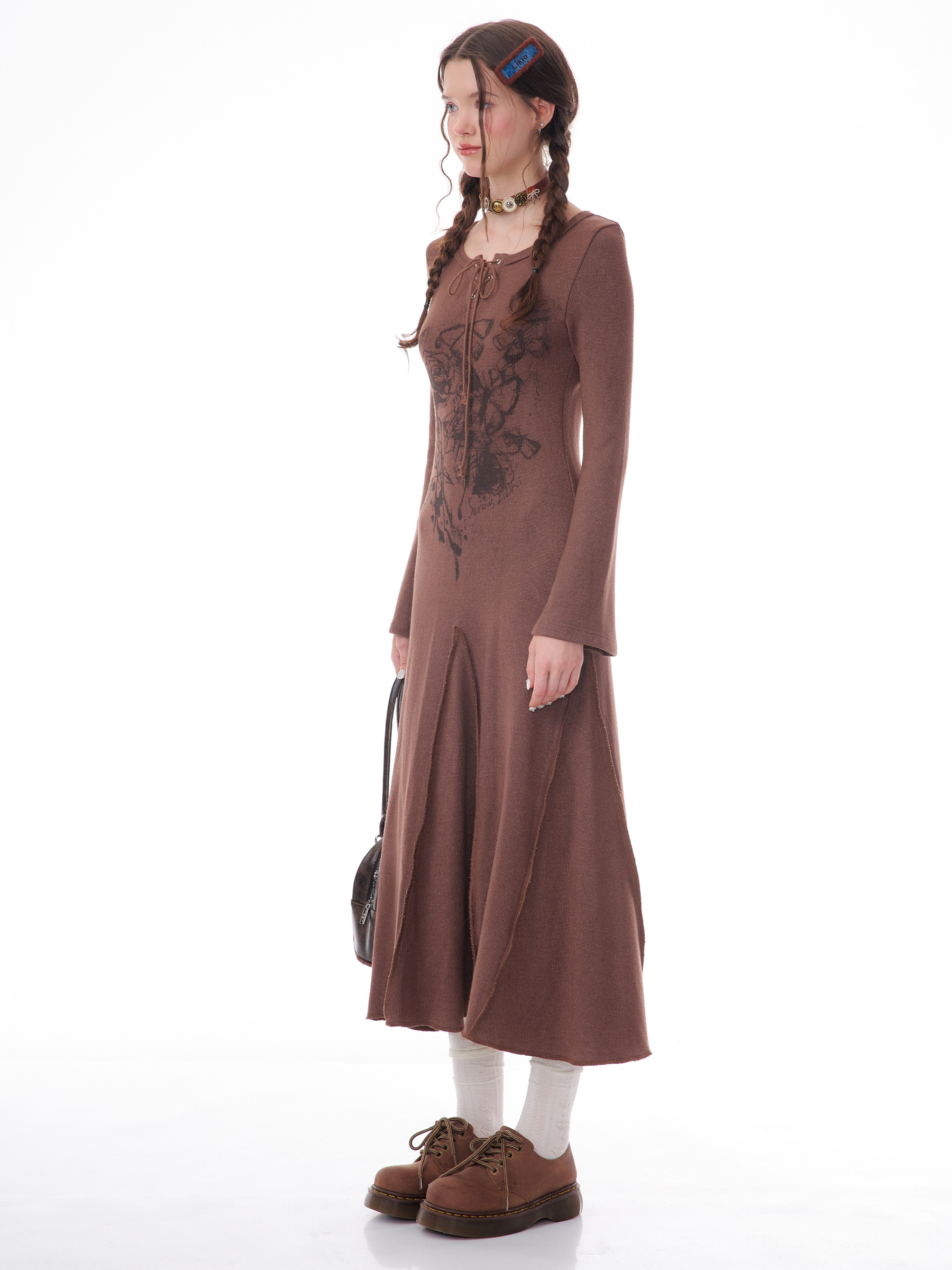 Winter Rose Print Knit Dress - Heavyweight Wool Blend Long Sleeve Bodycon Midi Dress - Image 7