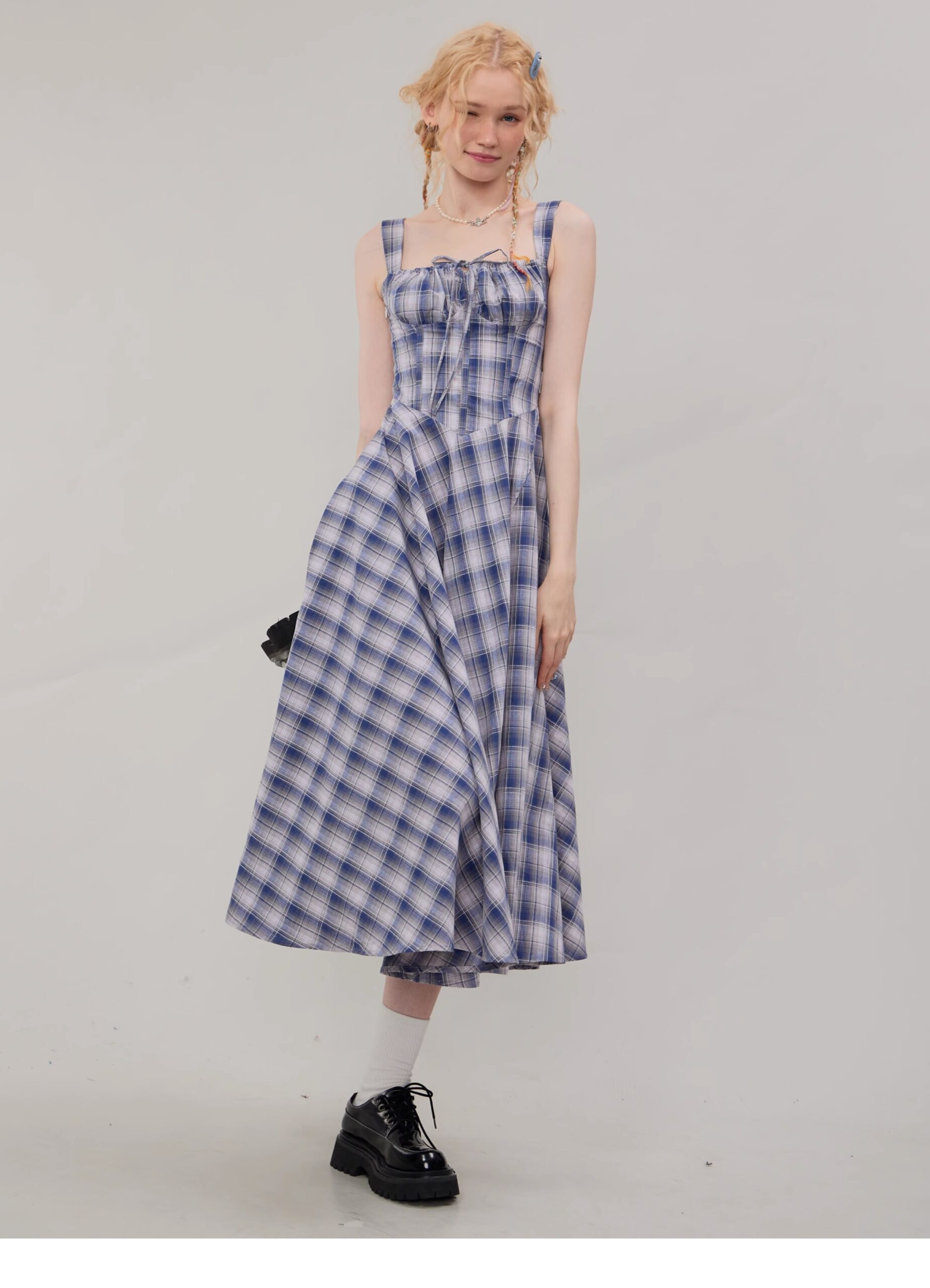 American Vintage Square Neck Dress - Blue Grid Print Bodycon Slit Maxi Dress with Tailored Waist - Image 14