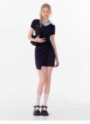 American Style False Two-Piece Dress - Polo Collar Short Sleeve Dress with Drawstring Waist & Smocking Details